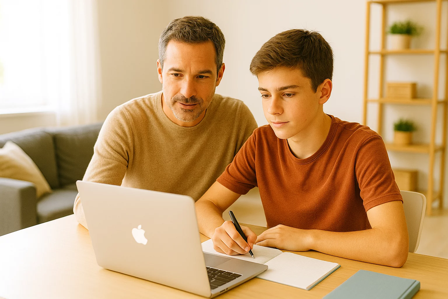 Parent qui aide son enfant à organiser ses révisions avant un contrôle pour réussir ses examens, devoirs à la maison, réviser efficacement, brevet, contrôle, pour réussir ses examens