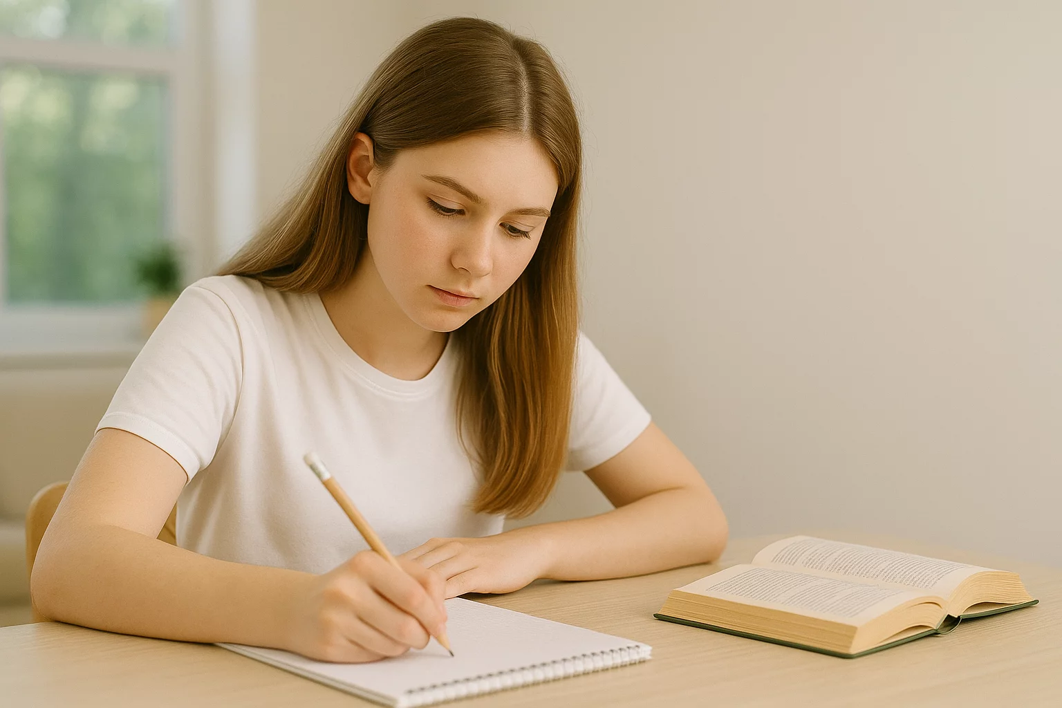Élève de 3ème qui révise pour le brevet avec ses cahiers et son ordinateur.